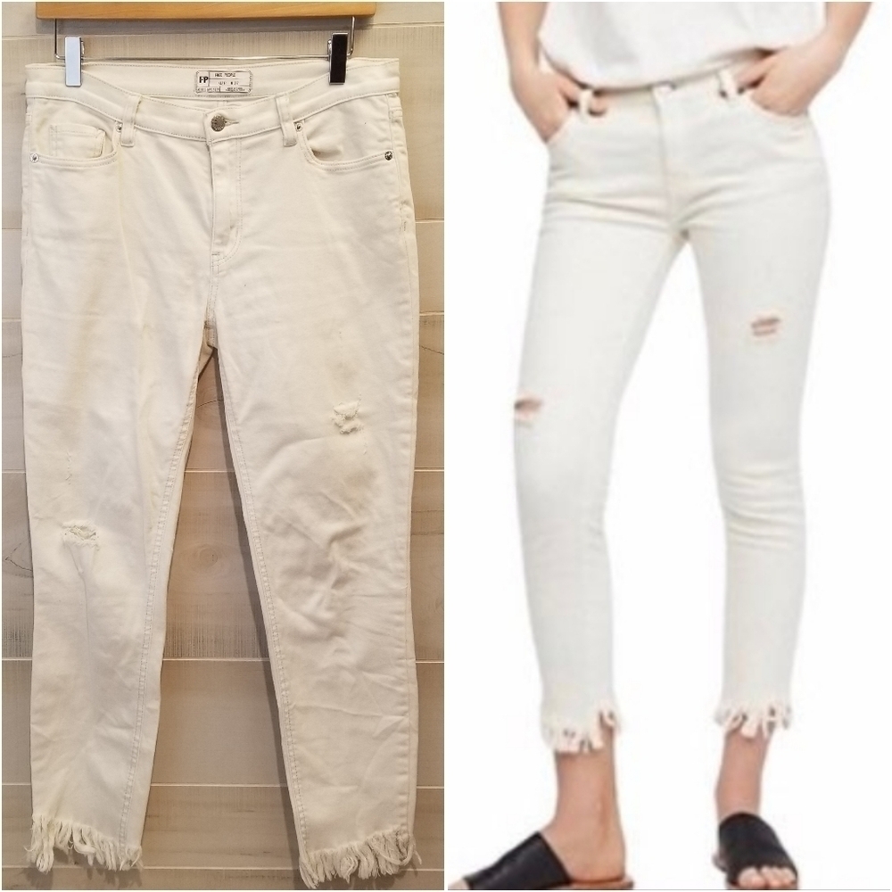 {27} Free People Great Heights Frayed Hem Distressed Ripped Jeans Creamy White
